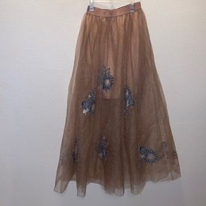 Haute Monde brown embroidered floral layered tulle maxi skirt